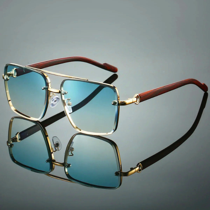 Men's Obscura Horizon green sunglasses with stylish golden frame, offering UV protection & eye protection.