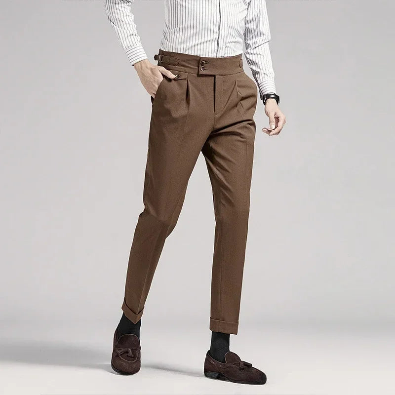 Men's old money pleated dress trousers, tailored fit. Classic formal wear & smart casual men's apparel.