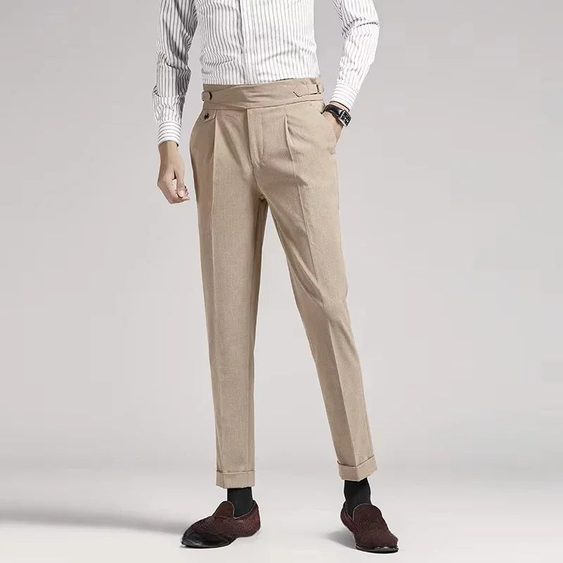 Front view: Men's pleated dress trousers, old money style. Tailored fit for a sharp, classic fashion aesthetic.