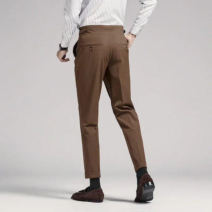 Elegant men's pleated trousers, offering a sophisticated old money tailored fit for formal events & classic fashion.