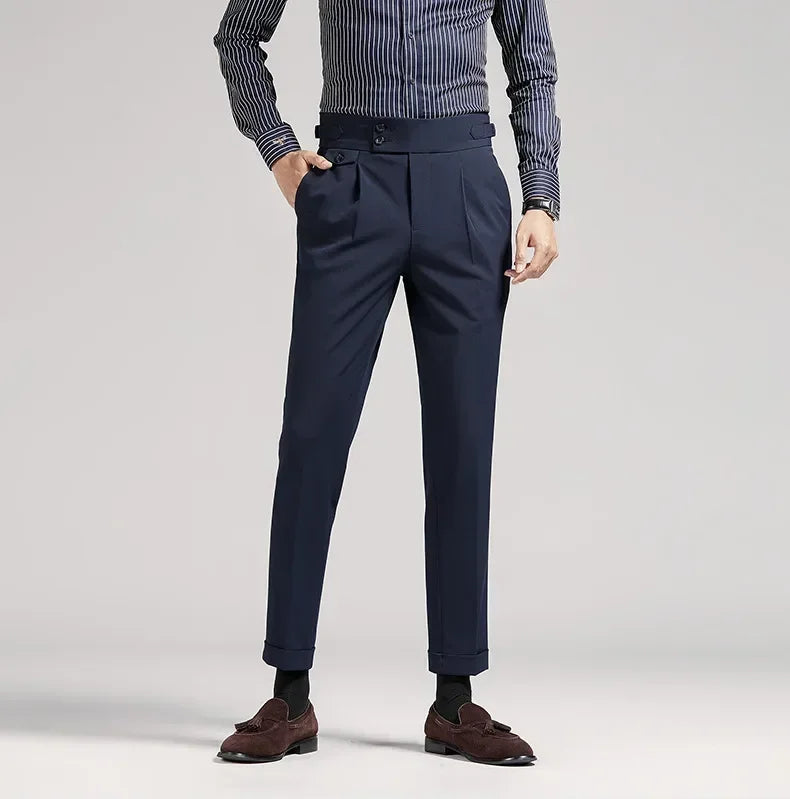 Smart casual men's dress pants, pleated and tailored for a classic old money look. Ideal for office, events or formal.