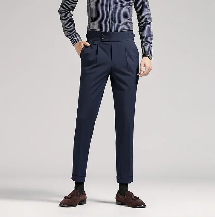 Smart casual men's dress pants, pleated and tailored for a classic old money look. Ideal for office, events or formal.