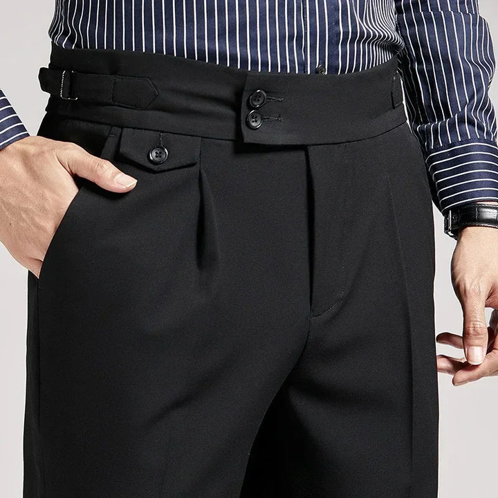 Tailored fit men's pleated trousers, embodying classic old money style. Comfortable dress pants for modern men's formal.