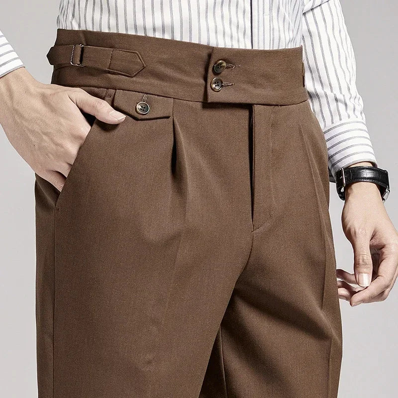 Sophisticated men's old money pleated dress pants. Tailored for a sharp, classic fashion and formal wear aesthetic.