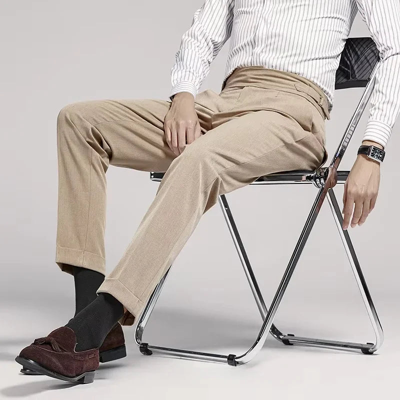 Premium men's old money pleated dress trousers. Tailored fit for timeless classic fashion, formal & smart casual wear.