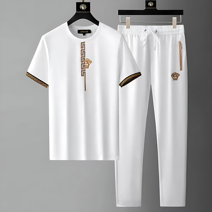 Sporty Men's Olympia tracksuit with gold embroidery & Greek trim, a comfortable matching set for active lifestyle.