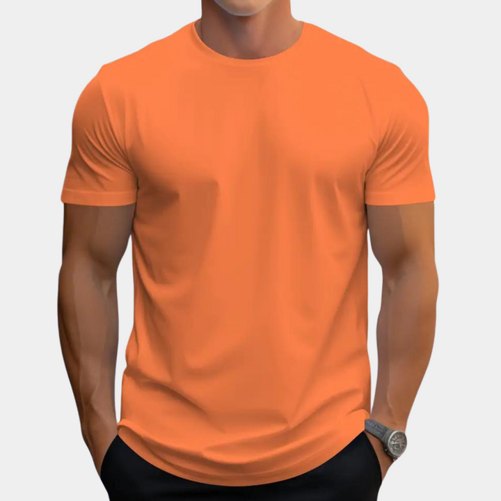 Men's orange round neck t-shirt in cotton blend, perfect for casual summer fashion.