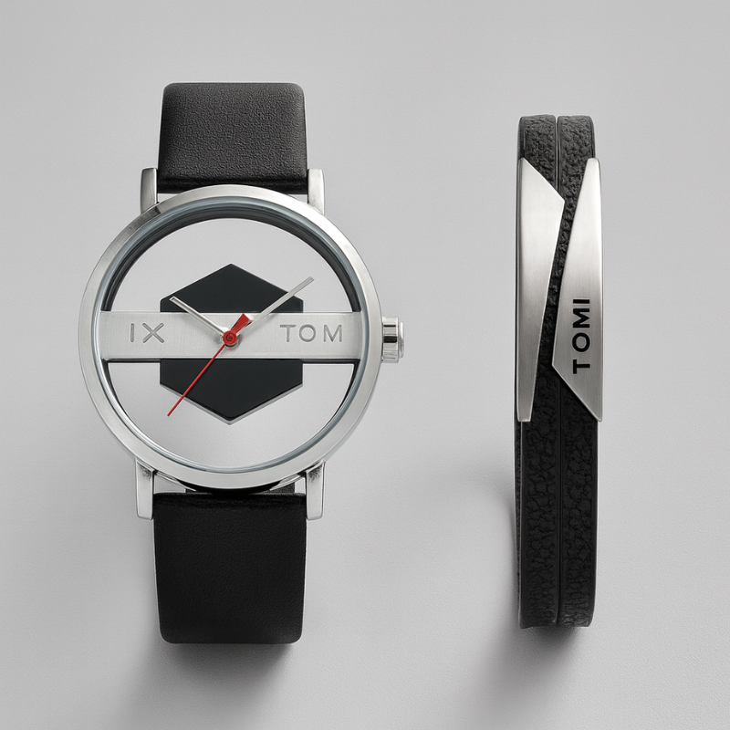 Men's Orbiting Hex-Core designer watch with black leather strap & steel bezel. A unique modern timepiece.