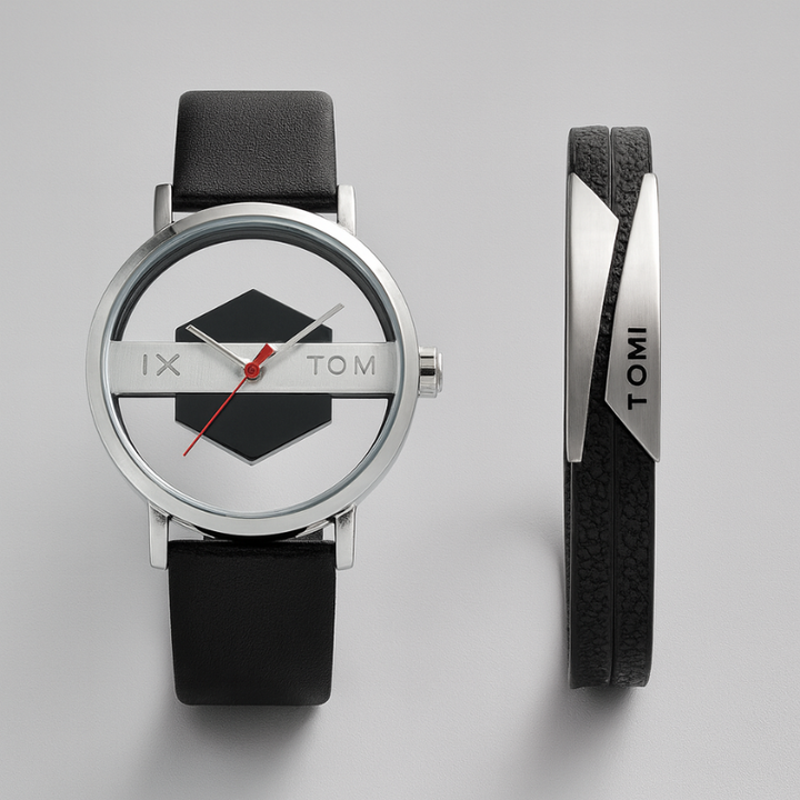 Men's Orbiting Hex-Core designer watch with black leather strap & steel bezel. A unique modern timepiece.