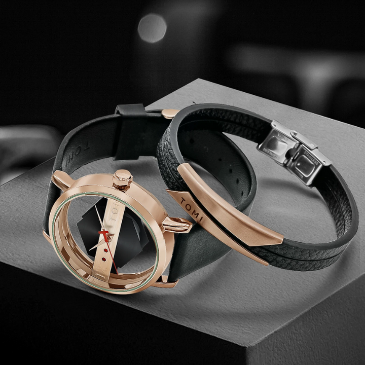 Men's unique Orbiting Hex-Core watch; a perfect gift for him. Features leather strap & modern design.