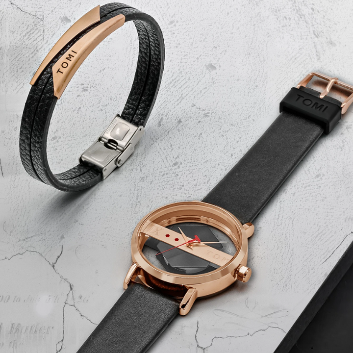 Fashionable men's modern timepiece: Orbiting Hex-Core watch with a refined leather strap.