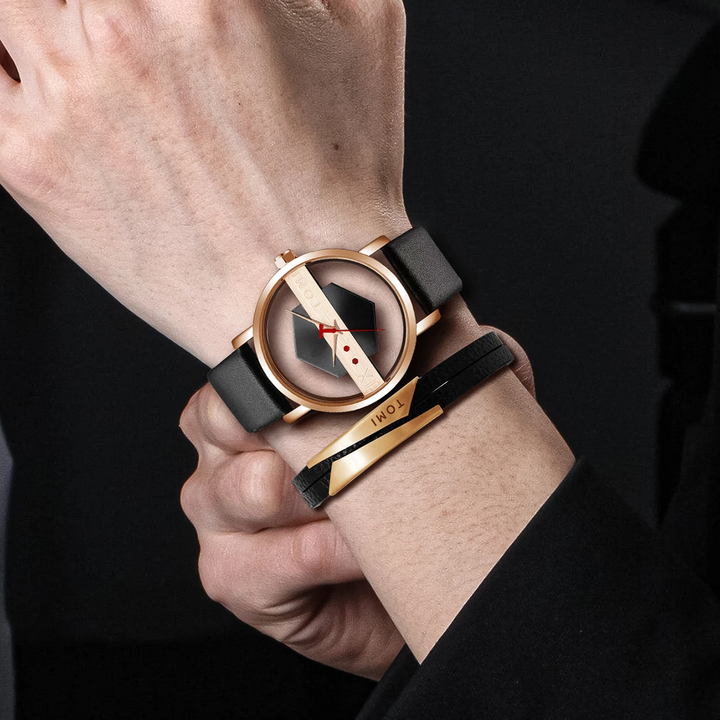 High-angle view of the Men's Orbiting Hex-Core watch, emphasizing its unique dial and steel case.