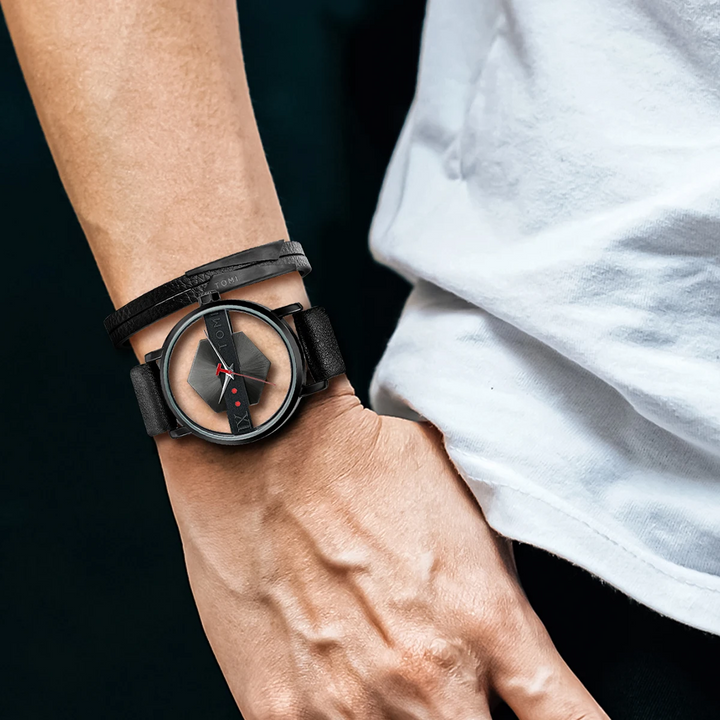 A premium men's designer watch, the Orbiting Hex-Core model with a sophisticated leather band.