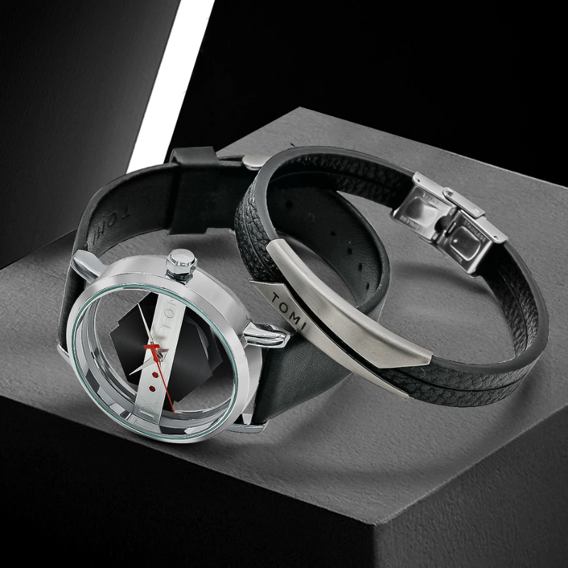Stylish Men's Orbiting Hex-Core designer watch featuring a premium leather strap and polished steel bezel.