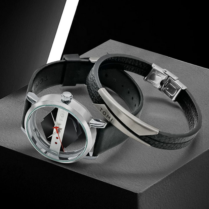 Stylish Men's Orbiting Hex-Core designer watch featuring a premium leather strap and polished steel bezel.