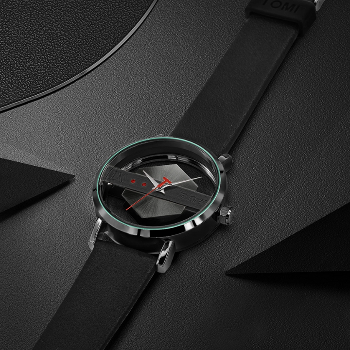 Modern men's designer watch with a unique orbiting hex-core dial and comfortable leather strap. Gift for him.