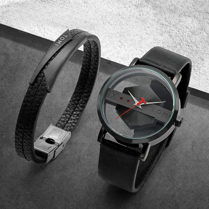 View of a Men's Orbiting Hex-Core watch on a wrist, highlighting its sleek design and leather strap.