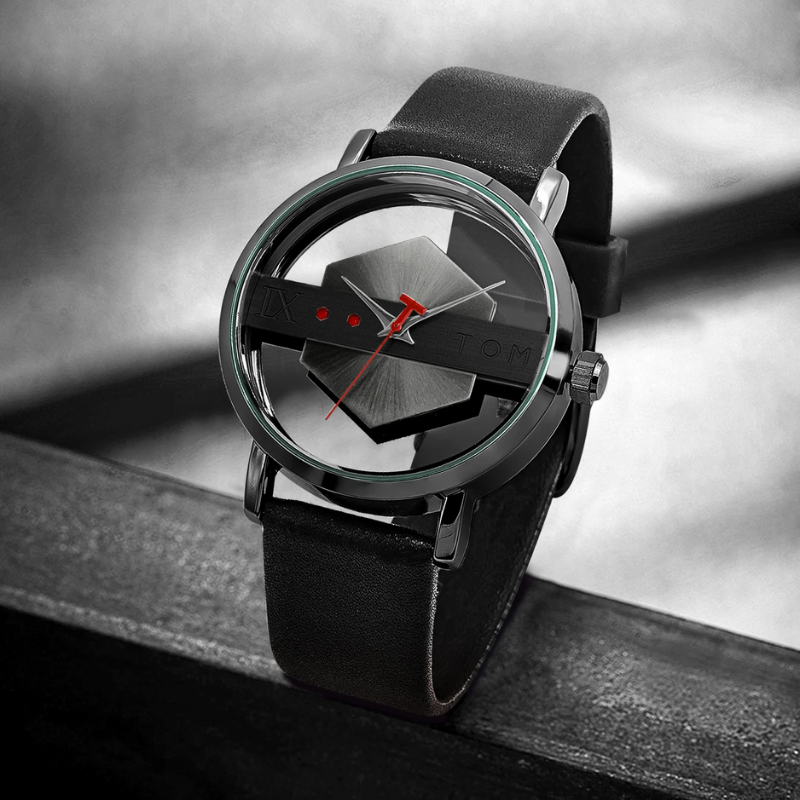 Designer Men's watch with an innovative orbiting hex-core mechanism and durable leather strap.