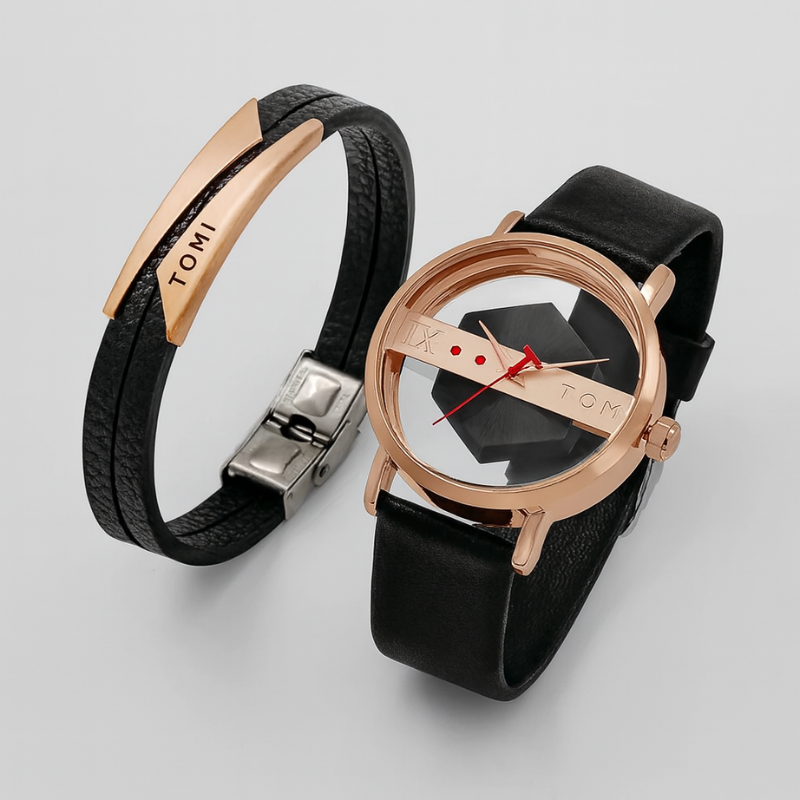 Side view of the Men's Orbiting Hex-Core watch, showcasing its slim profile and steel bezel.