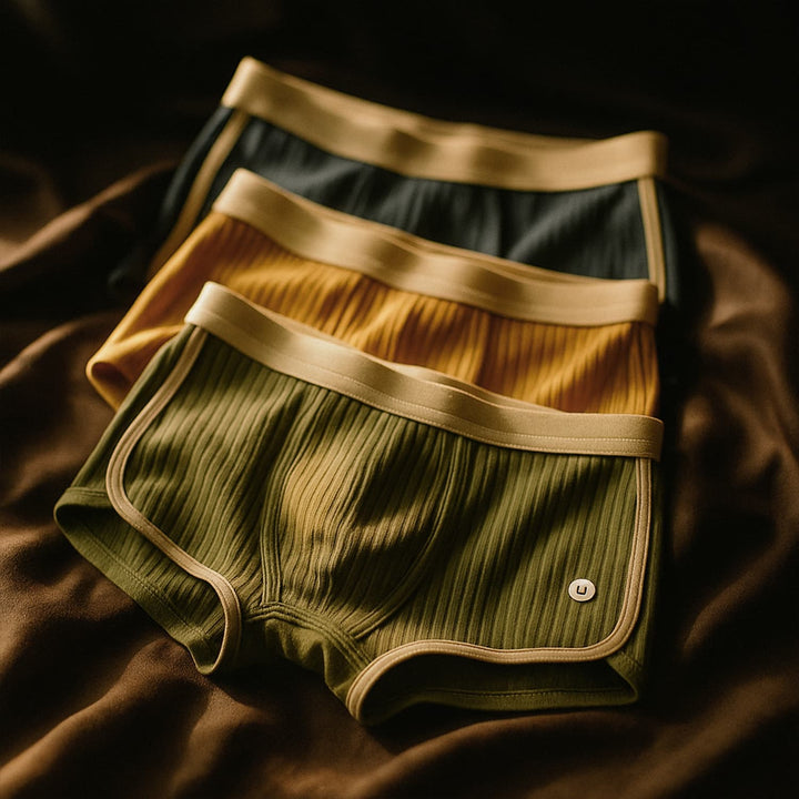 Soft, ribbed organic cotton boxer briefs for men. Breathable and comfortable essentials for daily wear.
