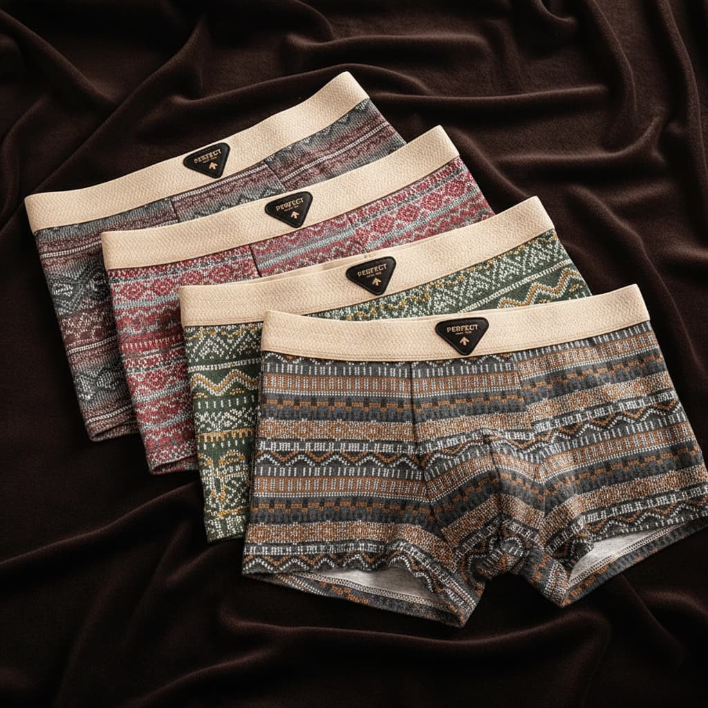 Close-up: breathable organic cotton fabric, intricate Nordic Fair Isle pattern on men's briefs.