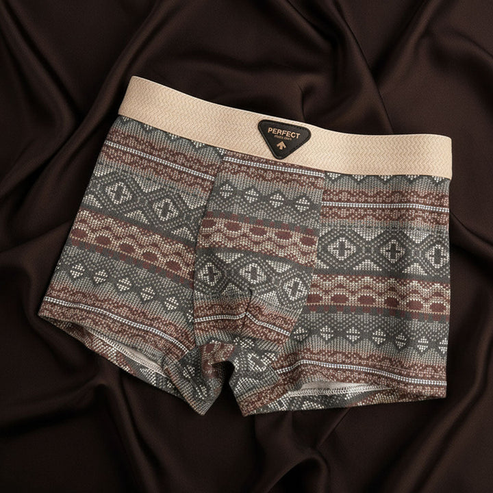 Model in men's organic cotton briefs, stylish Nordic Fair Isle design, modern men's fashion.