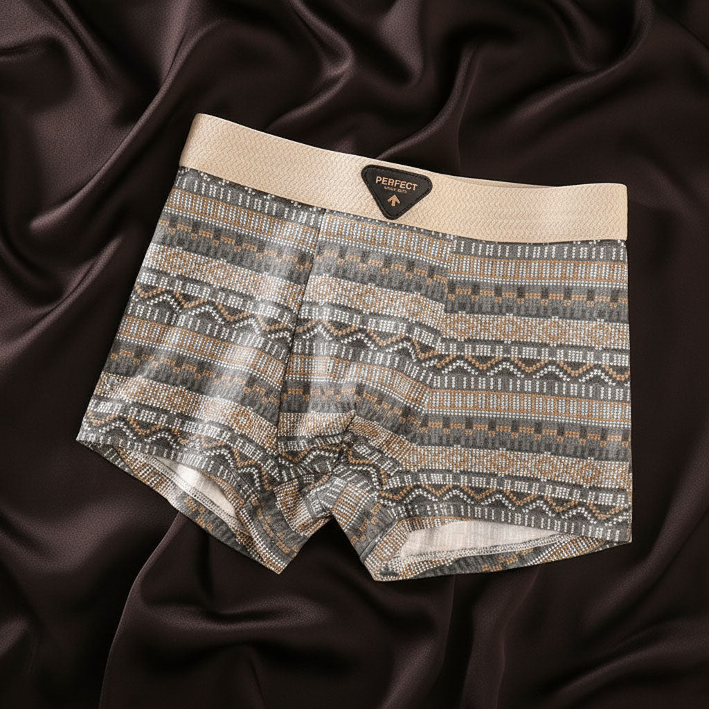 Neatly folded men's organic cotton briefs, Fair Isle design, ready for comfort.