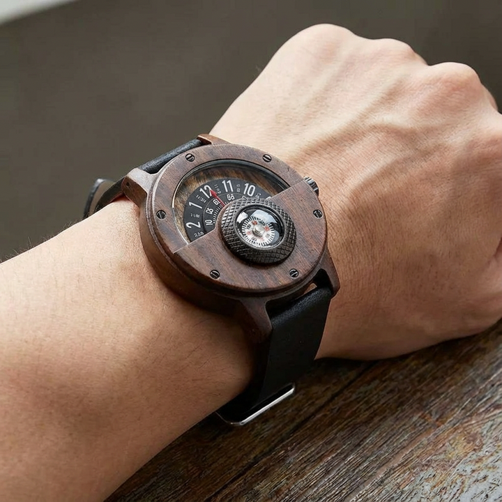 Men's organic wood & bamboo quartz watch; a unique, lightweight, and durable casual accessory.