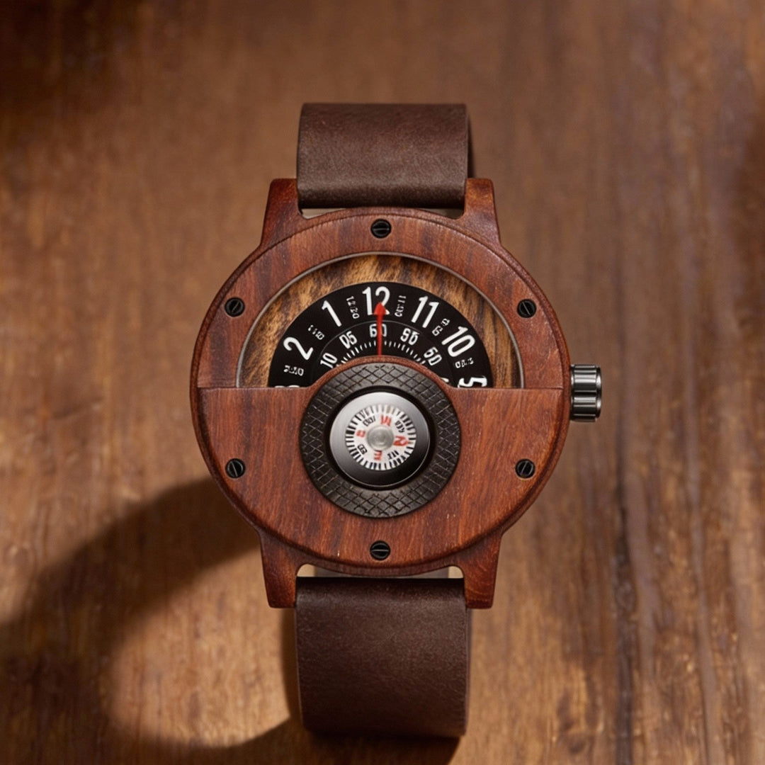 Men's organic wood & bamboo quartz watch on a wooden surface, emphasizing its eco-friendly design.