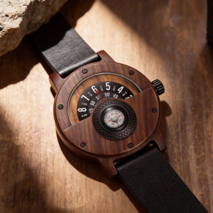 Front view of men's organic wood & bamboo quartz watch, highlighting the natural wooden casing and clean dial.
