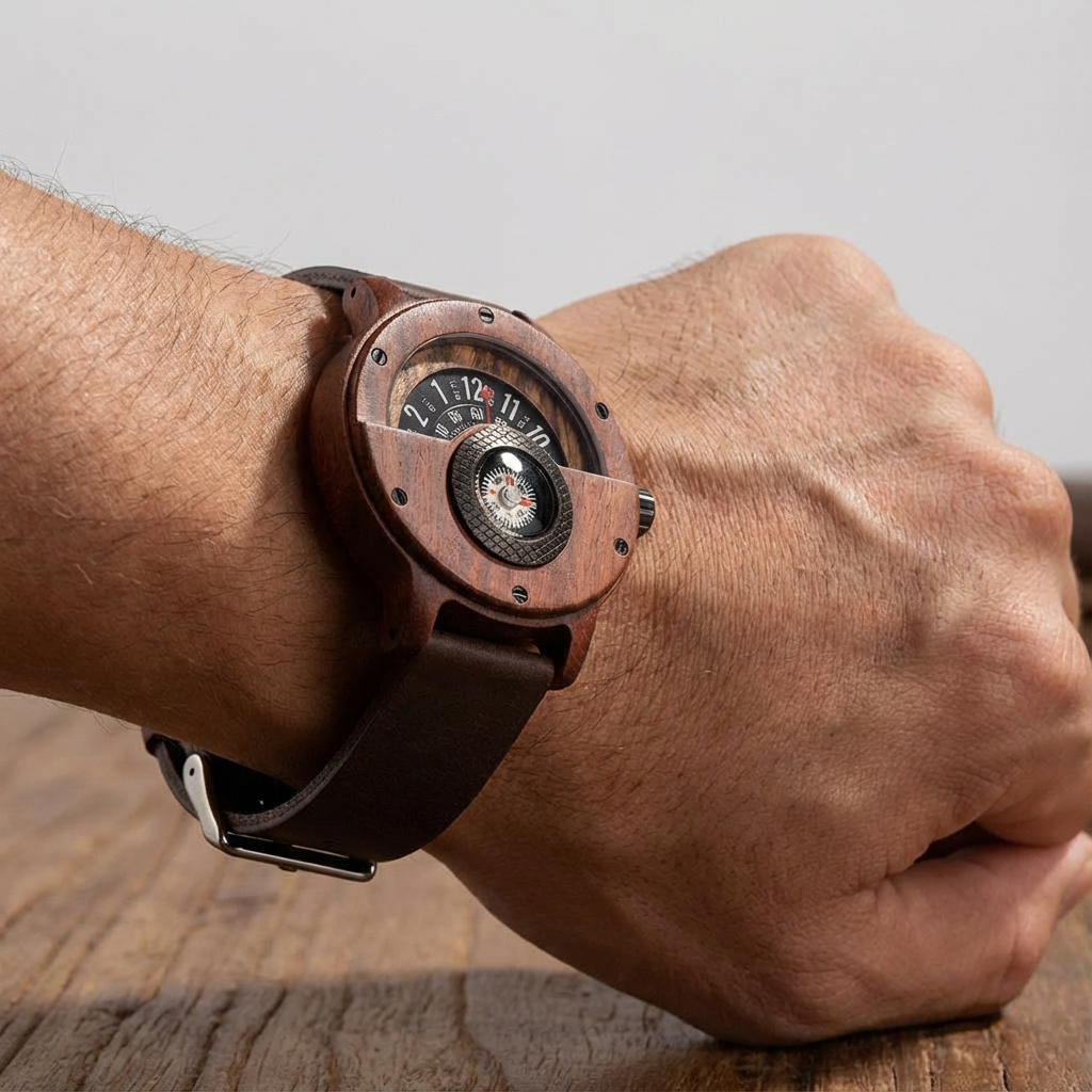 Stylish men's wooden watch, crafted from natural bamboo & wood; an eco-friendly quartz timepiece.