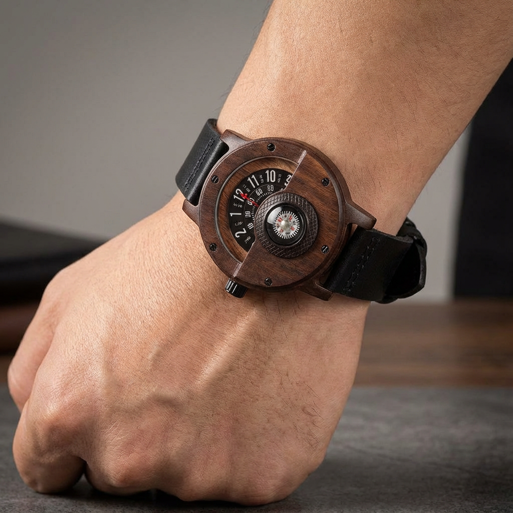 Unique men's casual watch with a natural wood & bamboo casing, a lightweight and organic accessory.