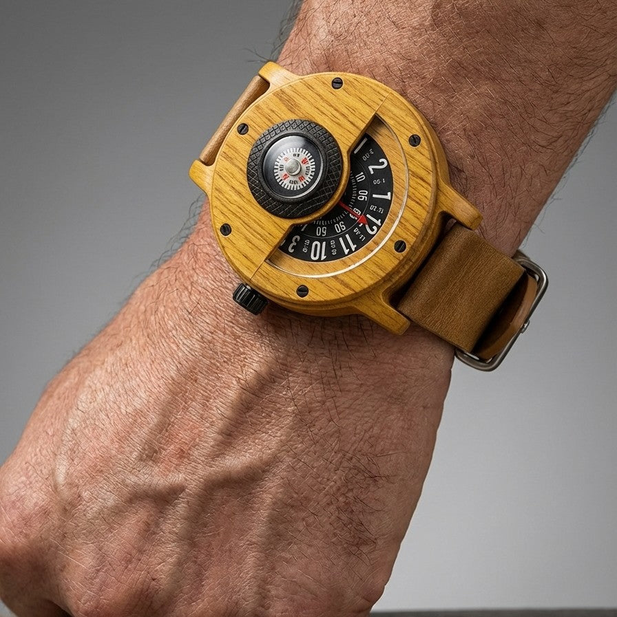 Durable men's wooden watch combining organic bamboo & wood with a reliable quartz movement.