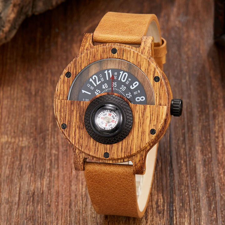 Elegant men's walnut wood watch with bamboo accents; a sophisticated organic quartz timepiece.