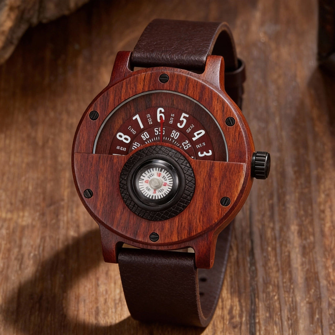 Men's wrist with an organic wood & bamboo quartz watch, showcasing its unique natural style.