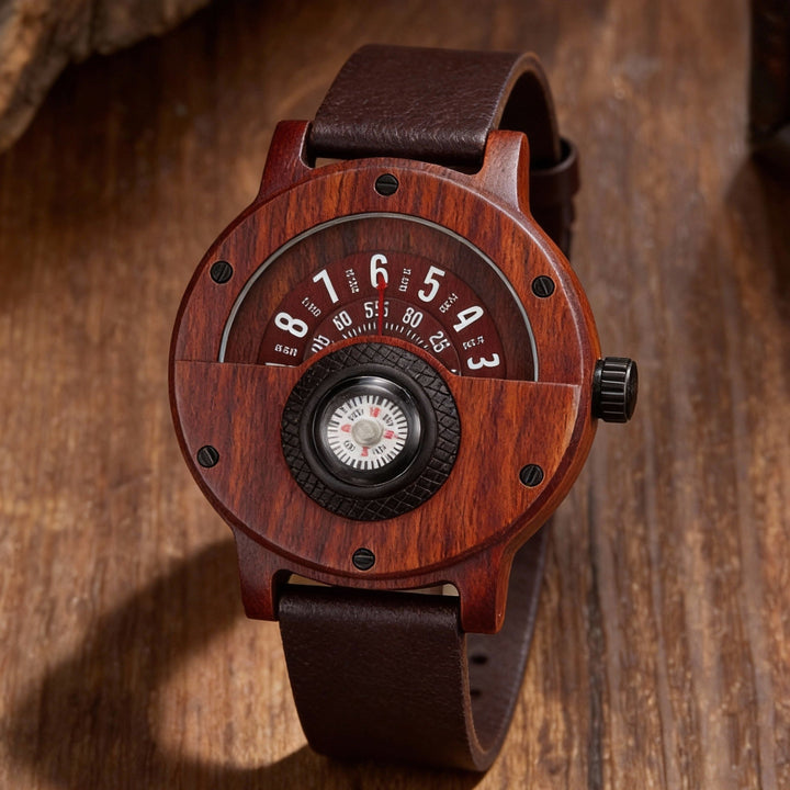 Men's wrist with an organic wood & bamboo quartz watch, showcasing its unique natural style.