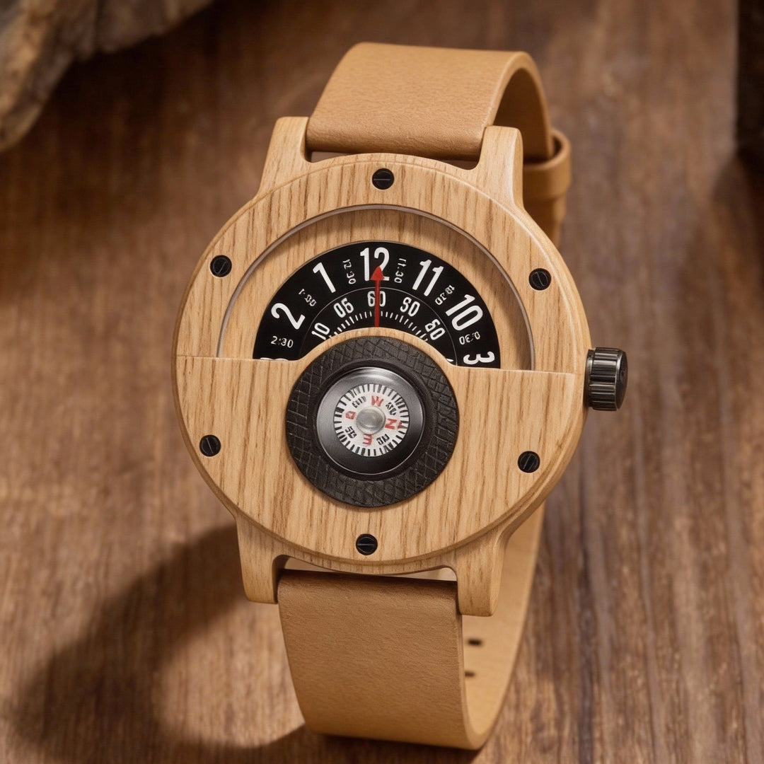 Close-up of men's organic wood & bamboo quartz watch dial, highlighting craftsmanship and natural grain.