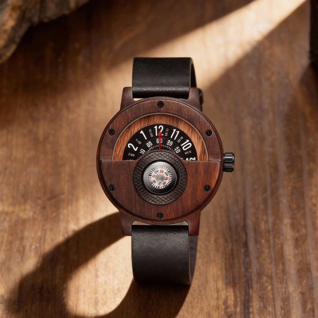 Back view of men's organic wood & bamboo quartz watch, displaying natural wood texture and details.