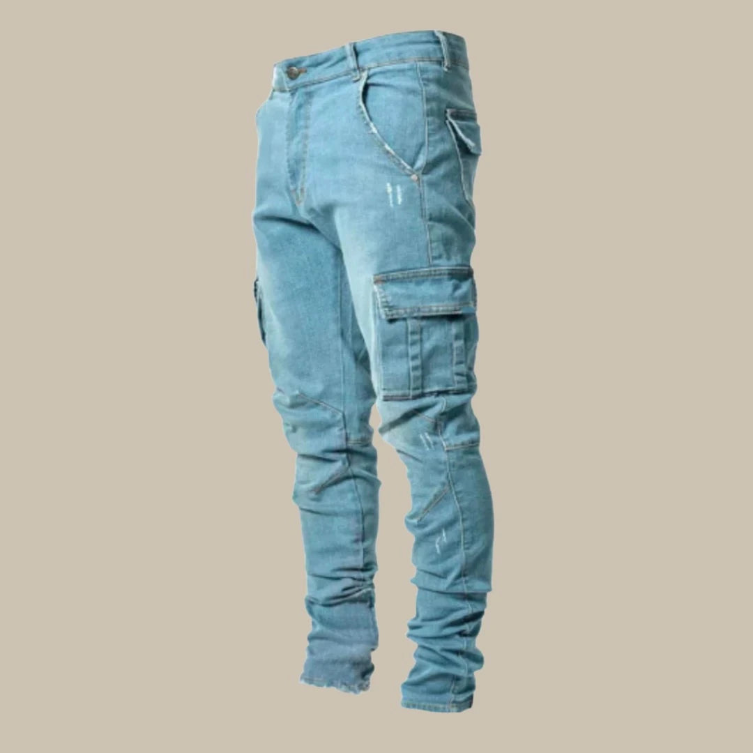 Men's Orion blue stretch cargo jeans, comfortable & stylish for everyday wear, offering unrestricted movement.
