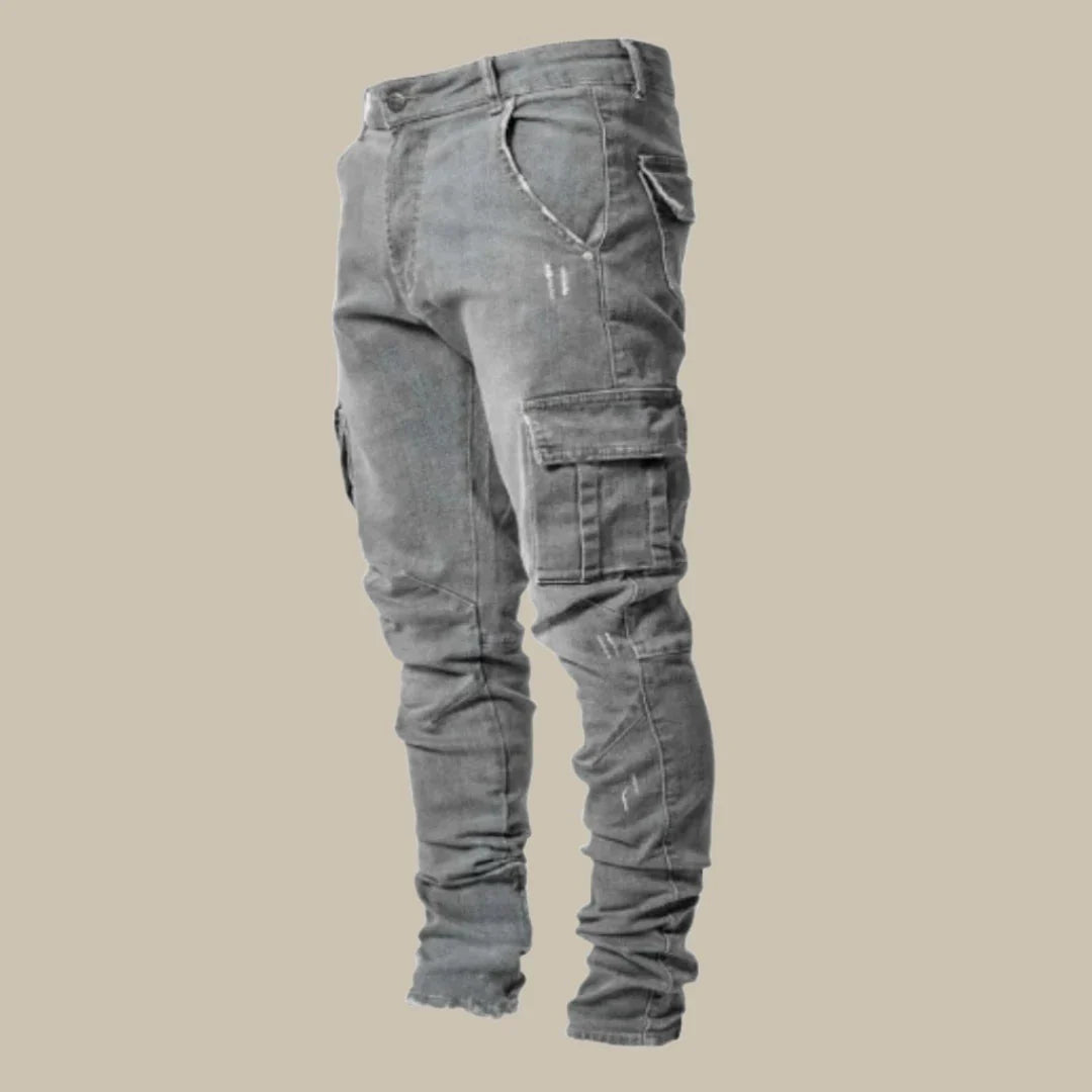 Durable men's Orion gray stretch cargo jeans, versatile for style & comfort, perfect for daily adventures.