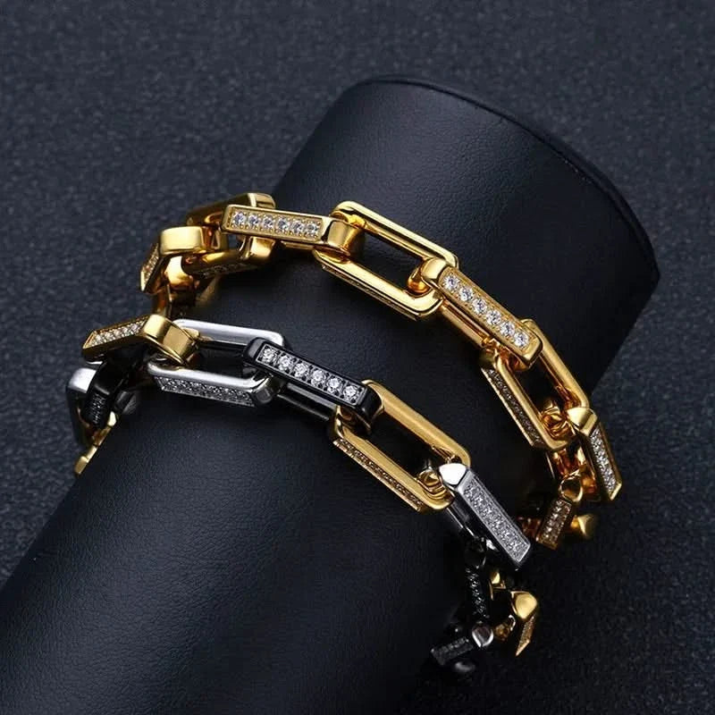 Men's Orion chainlink bracelet with sparkling zirconia stones, a modern and elegant accessory for him.