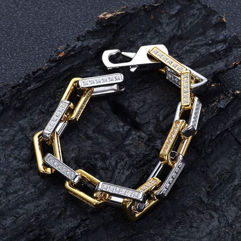 Assortment of men's Orion chainlink bracelets, gold & silver, with glittering zirconia stones.