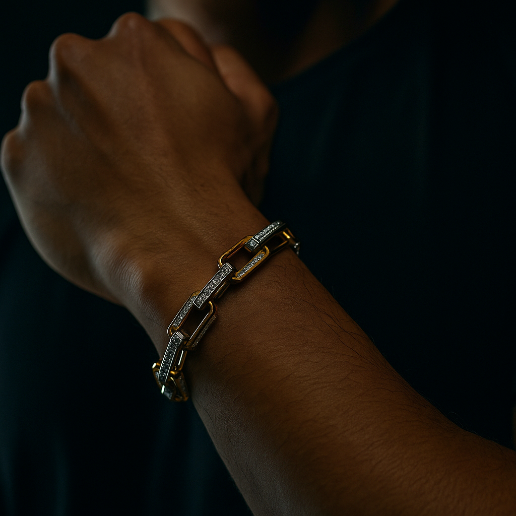 Gold men's Orion chainlink bracelet, stainless steel with brilliant zirconia, durable and stylish jewelry.
