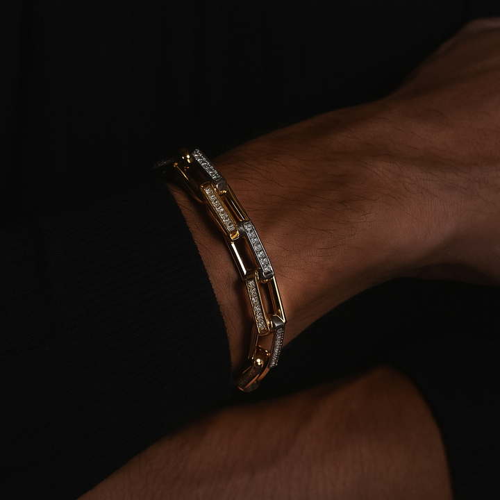 Silver men's Orion chainlink bracelet, polished stainless steel with dazzling zirconia, perfect for him.