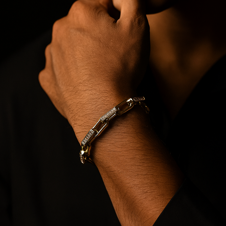 Close-up of men's Orion chainlink bracelet showing intricate links & shimmering zirconia stones.