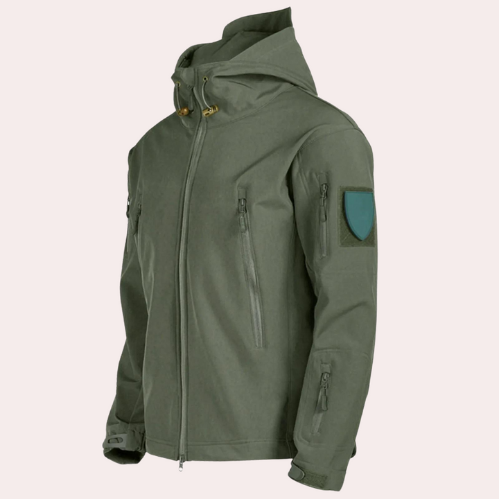 Close-up of durable, weather-resistant fabric on the Orson men's outdoor utility jacket.
