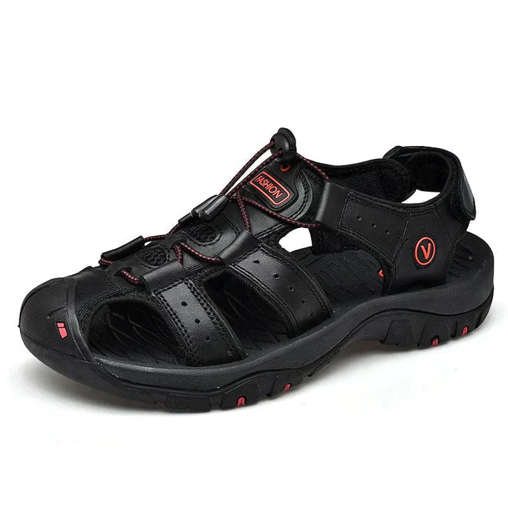 Men's comfort sandals with arch support, ergonomic design for plantar fasciitis & foot pain relief.