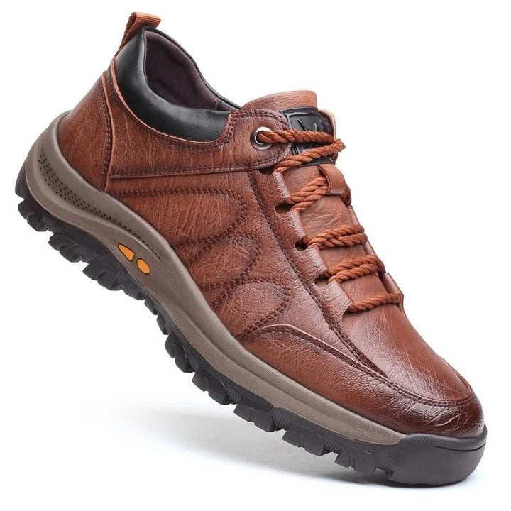 Side view of men's durable orthopedic leather walking shoes with arch support & non-slip sole.