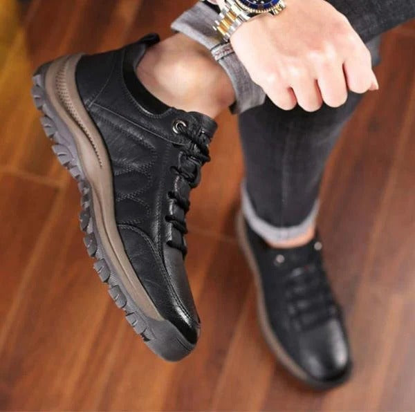 Interior view of men's orthopedic comfort shoes with cushioned footbed for all-day pain relief & support.