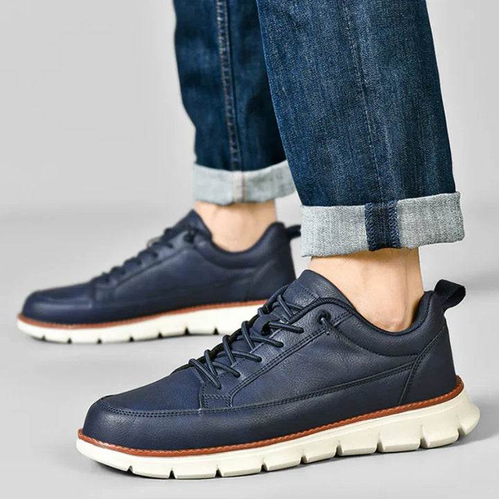 Stylish men's orthopedic sneakers, side view. Comfort footwear with arch support for active men.